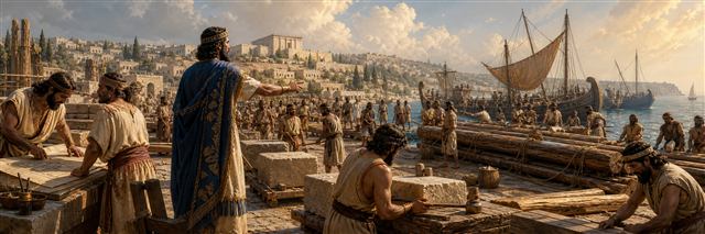 Solomon directing temple workers as cedar timbers arrive by sea for Jerusalem